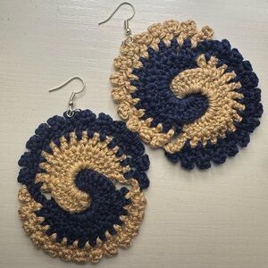 Crochet Spiral Earrings in Navy and Beige